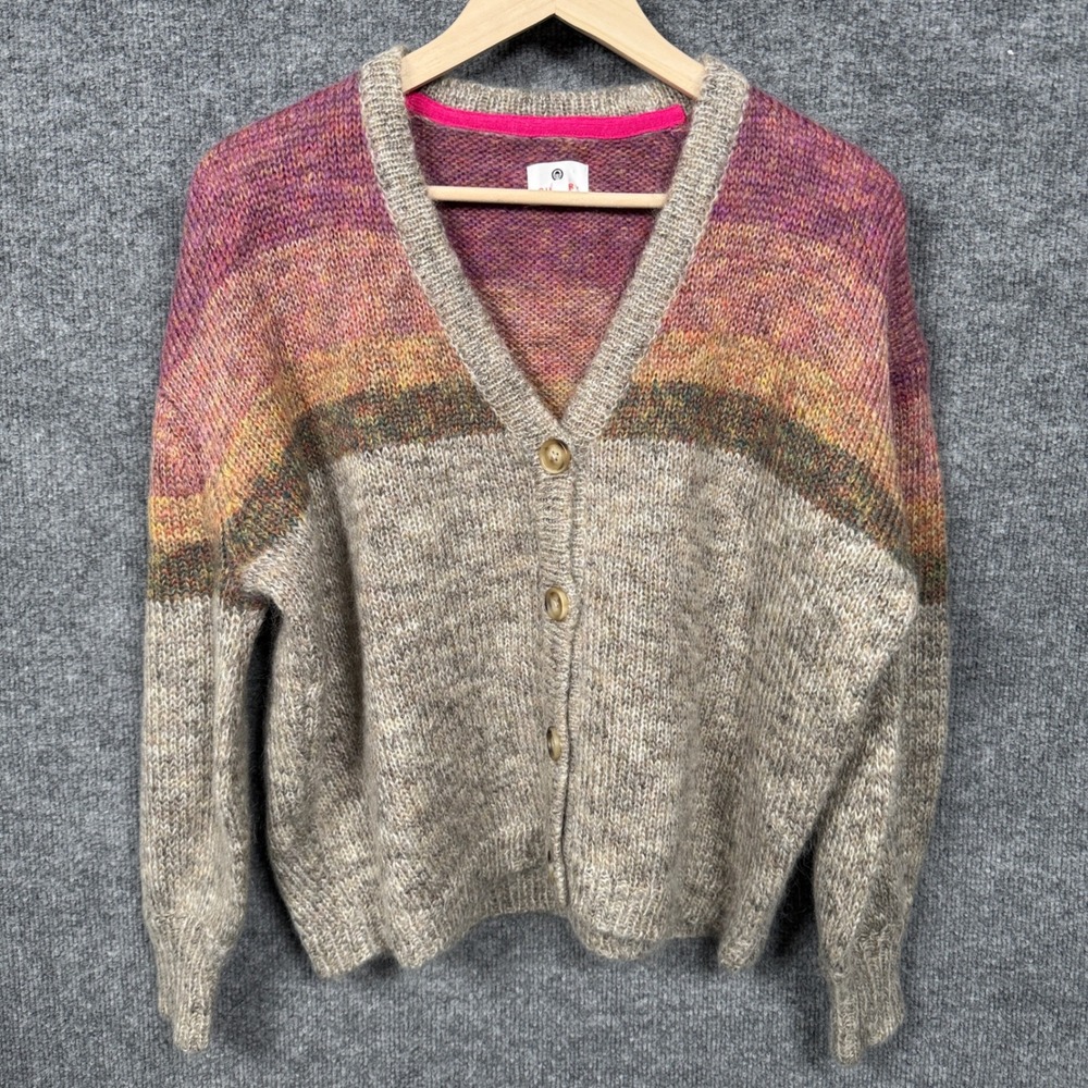 Sundry Womens Size 0 Cardigan Sweater Gray Pink Mohair Nylon Wool‎ Blend V Neck